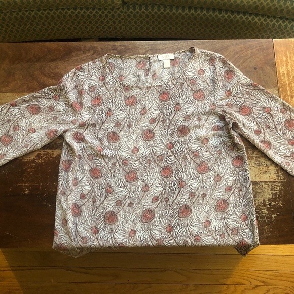 LOFT Peacock Feather Pattern Blouse Pink Tan - Size Large - Picture 5 of 16